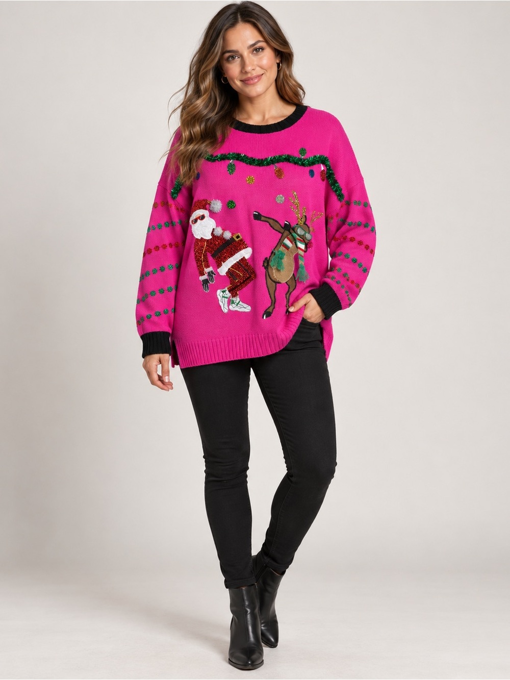 Rafiana NWT XL Pink Ugly Christmas Sweater Santa Reindeer Dabbing Sequin
